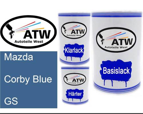 Mazda, Corby Blue, GS: 500ml Lackdose + 500ml Klarlack + 250ml Härter - Set, von ATW Autoteile West.